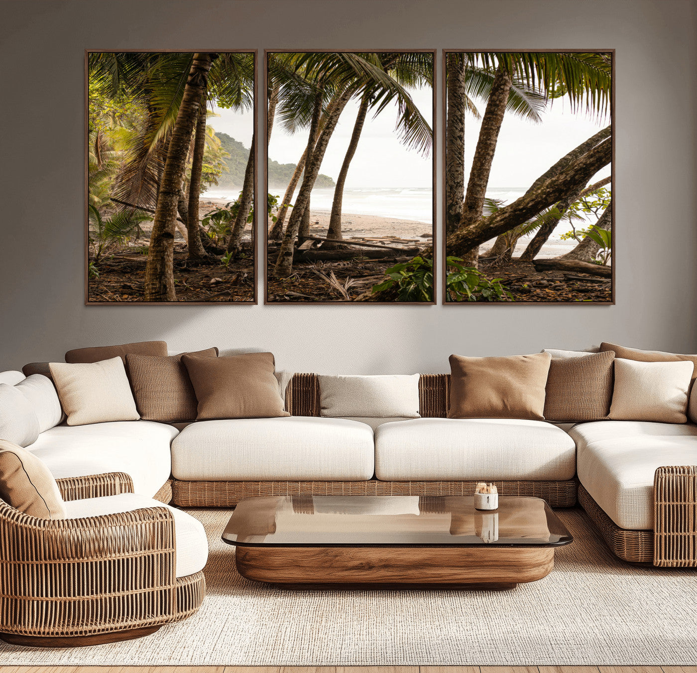 Dense tropical palm trees framing a sandy beach and ocean shore, ideal for jungle or coastal themed interior wall decor.
