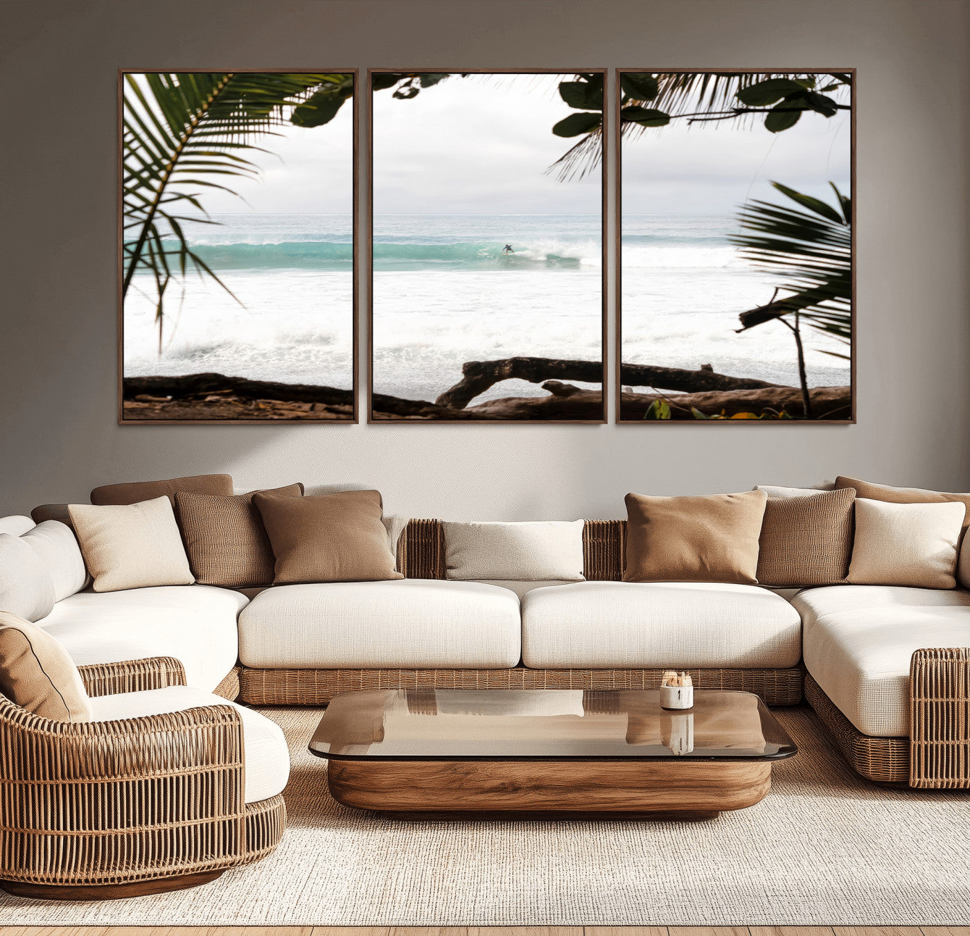 Tropical beach view with palm trees and surfer riding a wave, perfect for boho or coastal-inspired interior wall decor.