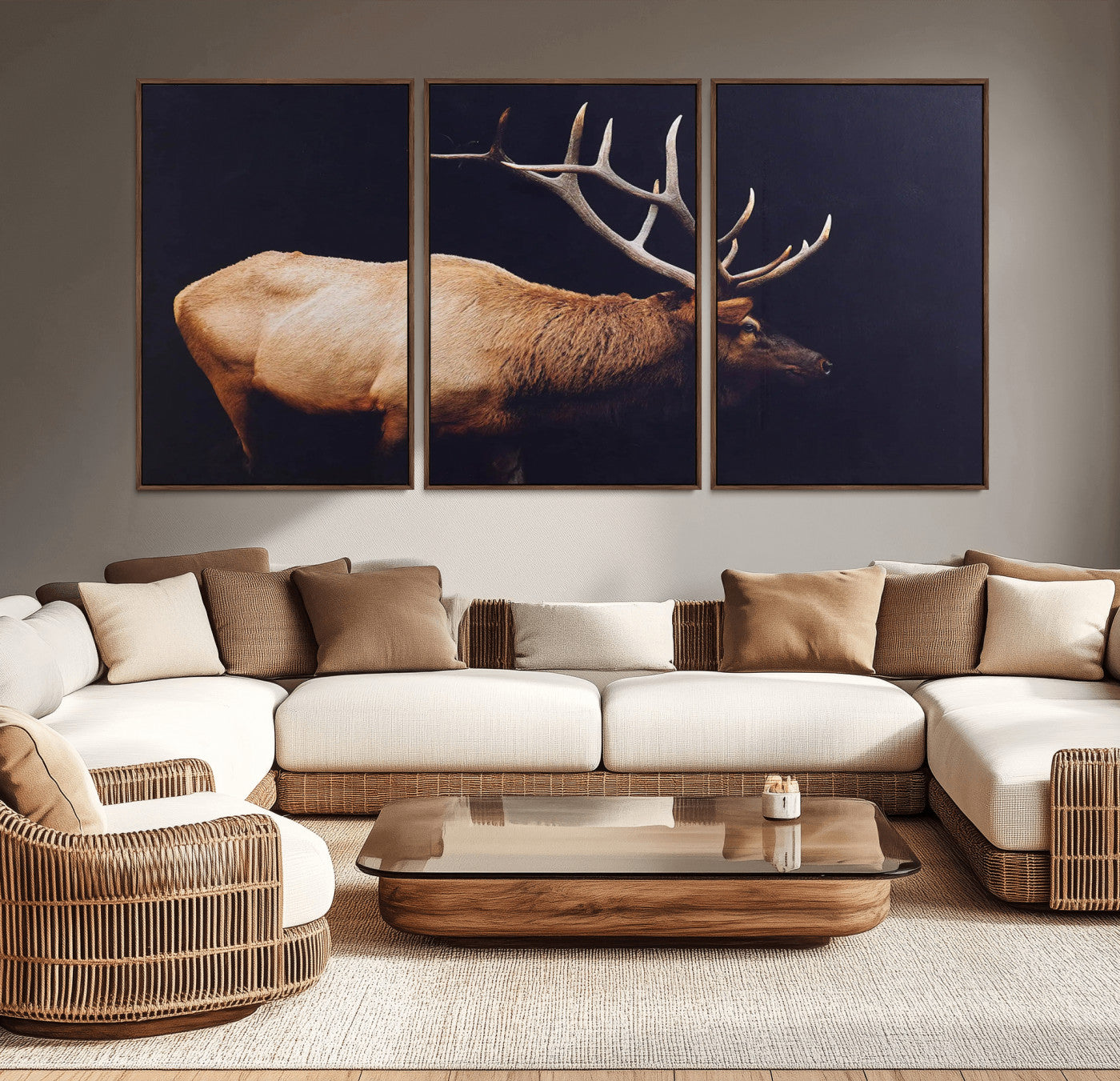 Side profile of an elk with large antlers on dark background, creating a bold rustic statement for cabin or Western-themed decor.