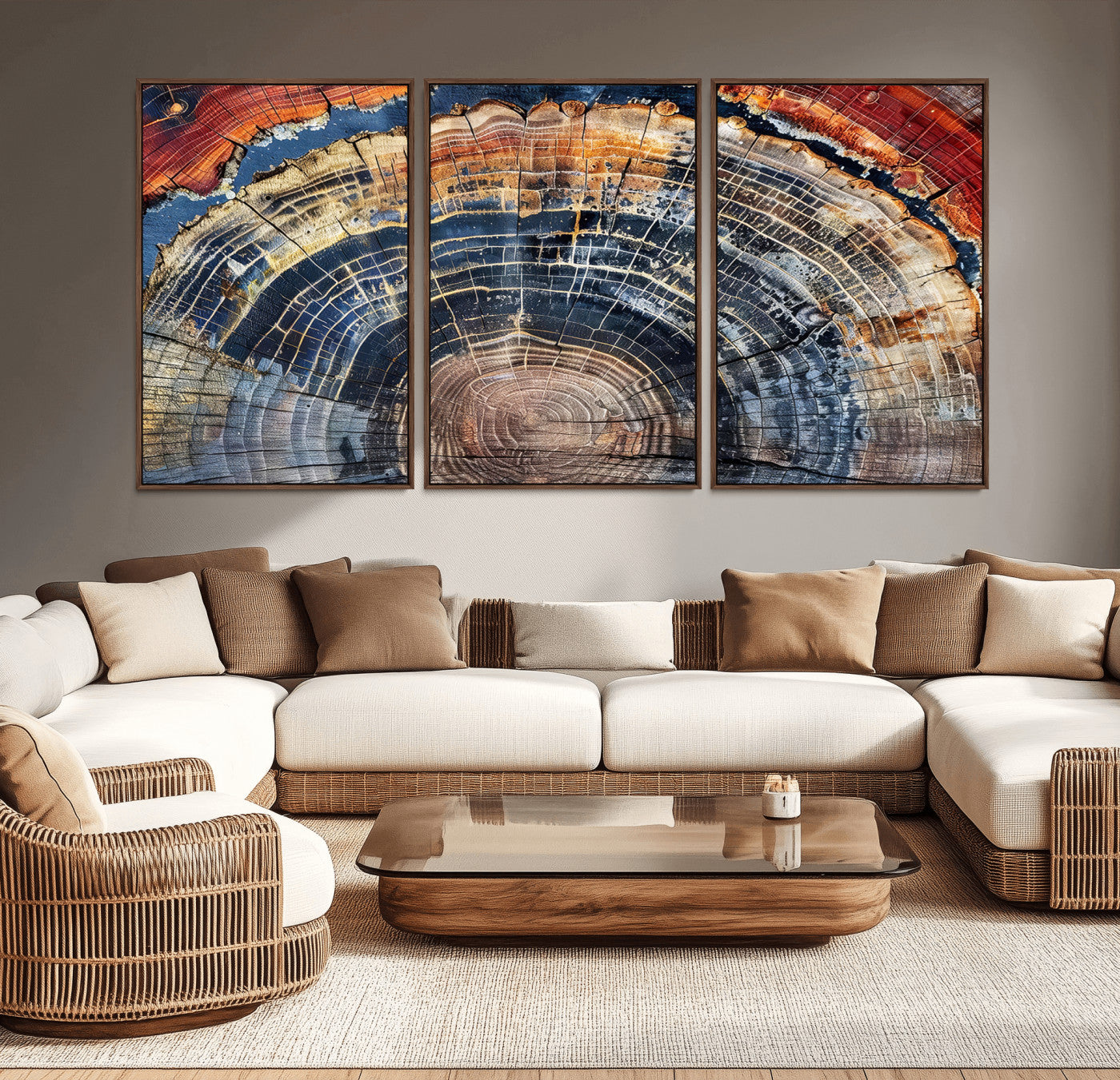 Vibrant tree ring with orange, brown, and blue tones in abstract detail, perfect for rustic or boho-inspired wall decor.