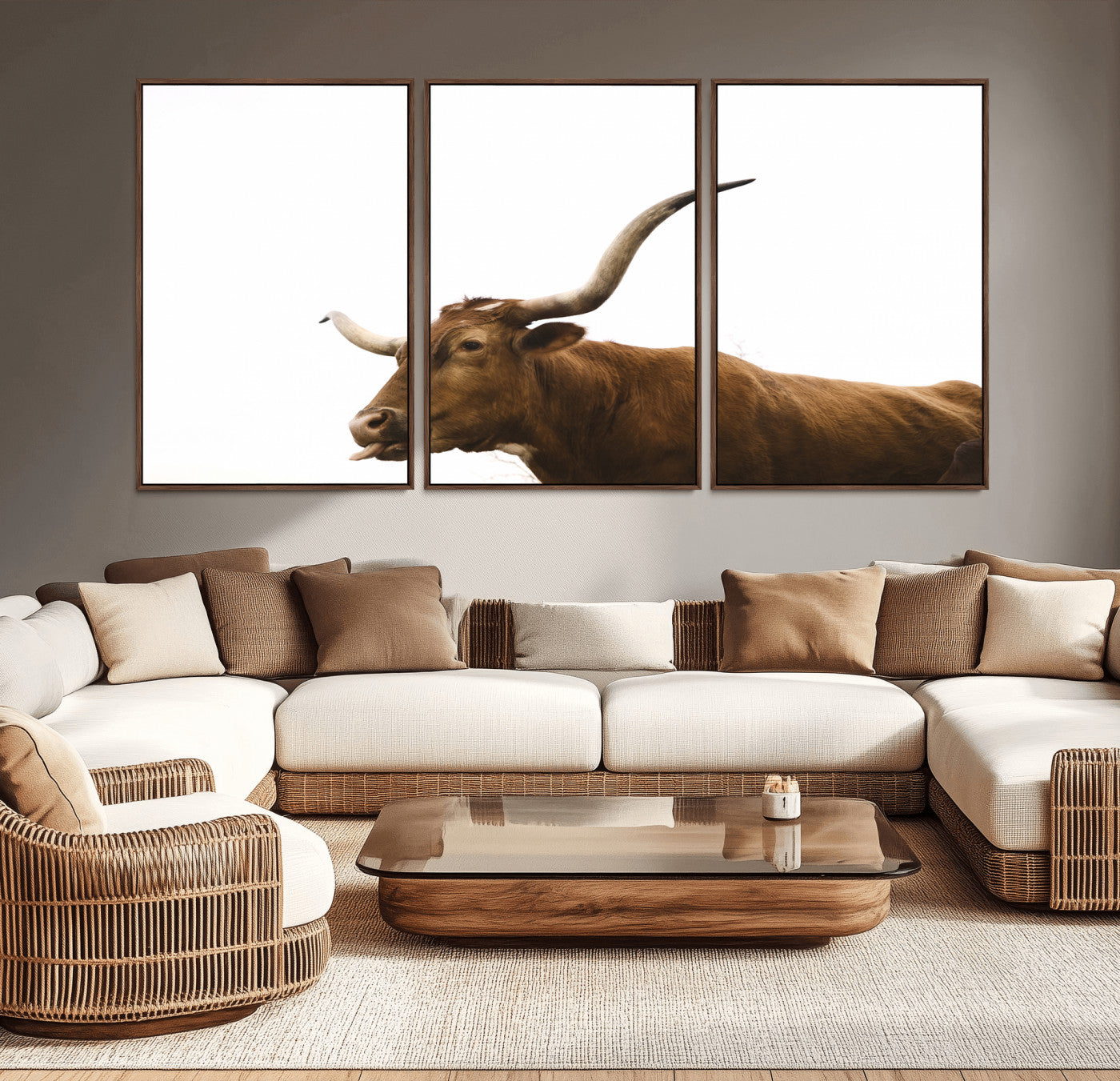Minimal photo of a longhorn cow with white background, ideal for rustic, western or farmhouse-style interior decor.