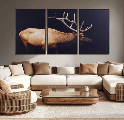 Side view of a majestic elk with large antlers against dark background, perfect for rustic lodge or cabin style home decoration.