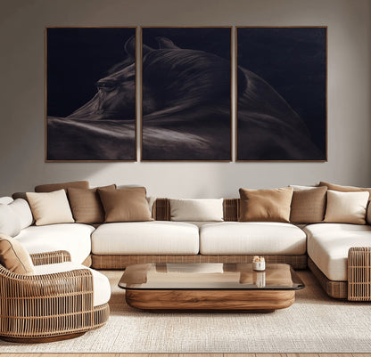 Close-up of a black horse with dramatic lighting on a dark background, perfect for rustic or masculine home decor.