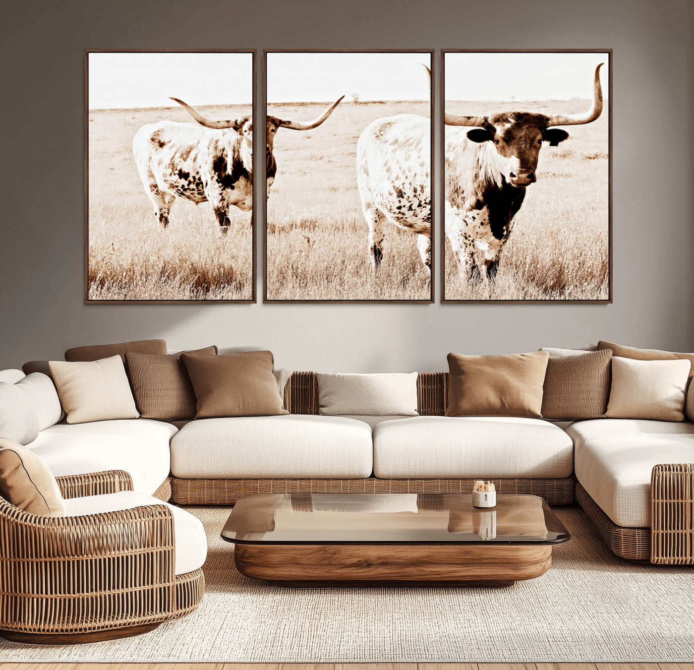 Two Texas longhorn cows standing in a sepia-toned pasture, evoking rustic charm perfect for farmhouse or western country interiors. (