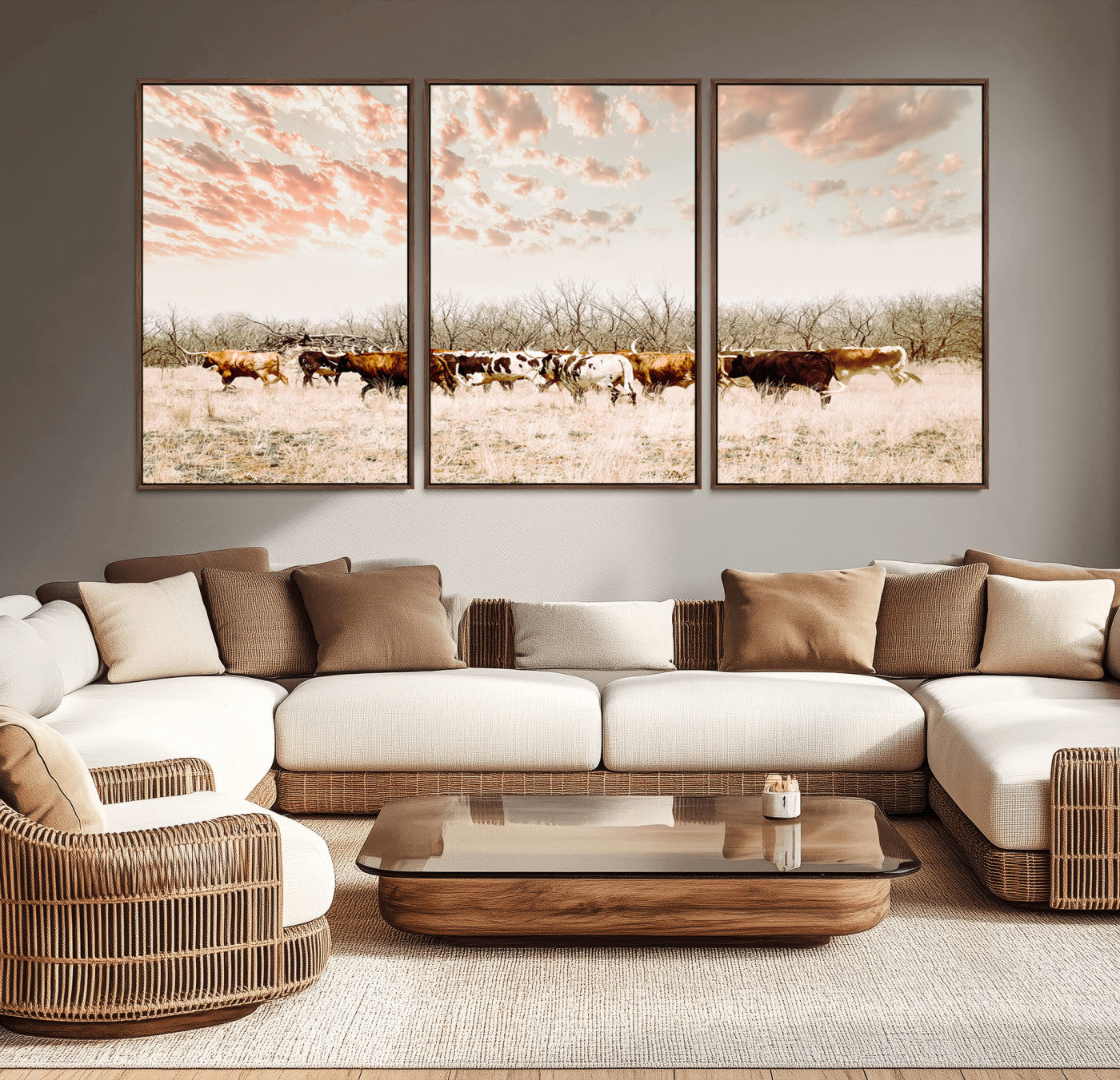 Cattle herd in a soft-toned field under a pastel pink sky, creating a peaceful rustic feel, perfect for farmhouse or western-themed spaces.