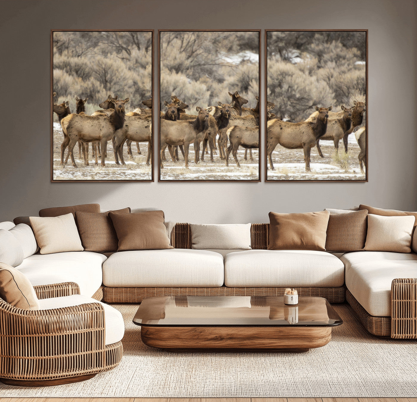 A large herd of elk standing in an open field with soft earthy tones, ideal for rustic lodge or western-themed home wall decor.