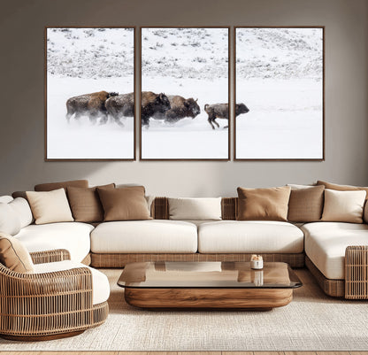 Bison herd running through a snowy open field with mountain backdrop, perfect for rustic or western-themed wall decoration.
