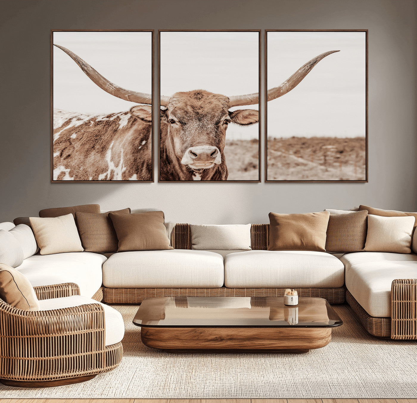 A longhorn cow in soft beige desert tones, standing calmly in open land, perfect for neutral western or rustic farmhouse interiors.