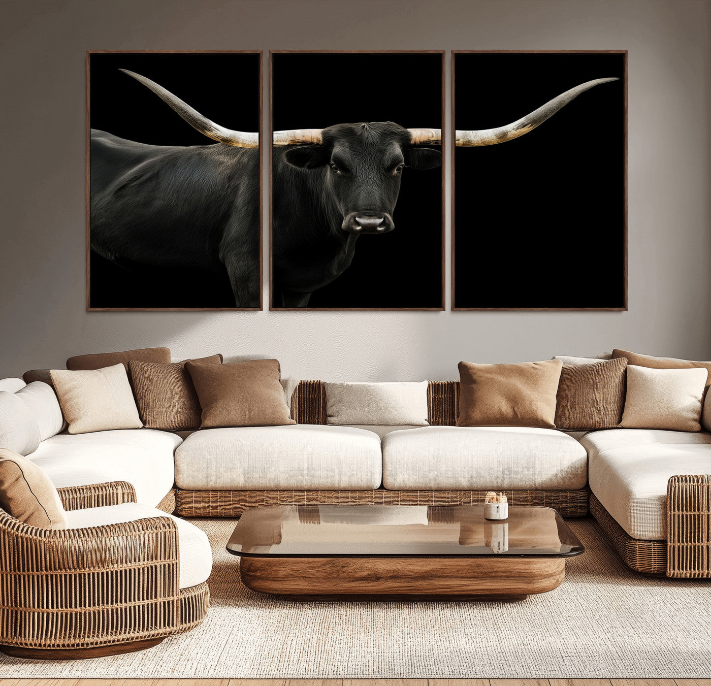 Close-up of a black Texas longhorn with large curved horns on black background, ideal for rustic farmhouse or modern western interiors.