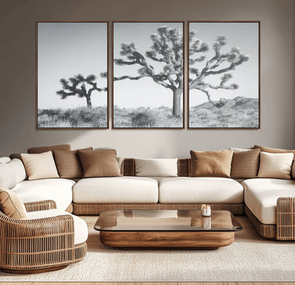 Black and white Joshua tree in a desert landscape with soft light and dry brush, perfect for rustic or minimalist home decor.