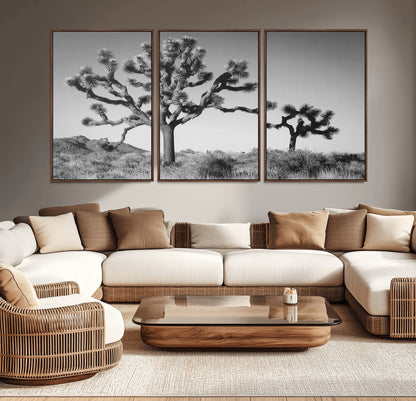 Black and white Joshua trees in a rugged desert landscape, creating a calm and minimalist feel for natural or rustic-themed interiors.
