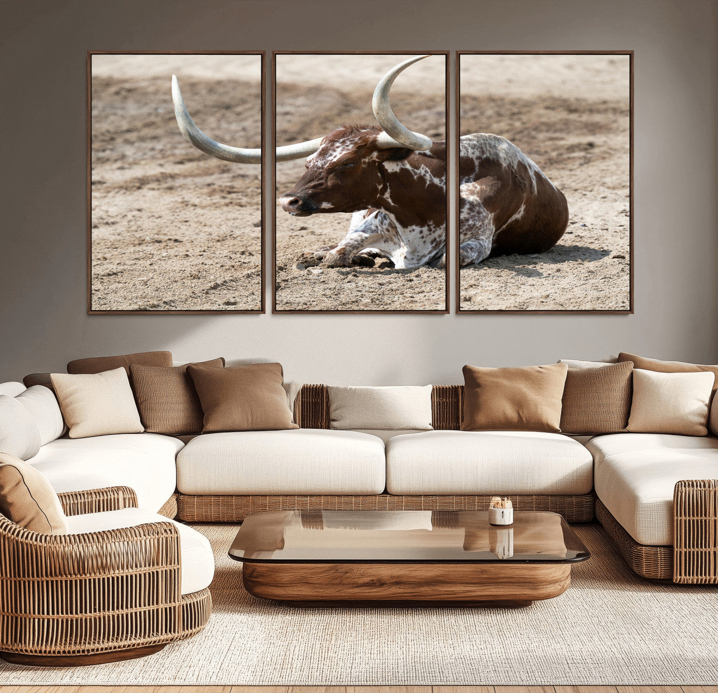 Texas Longhorn Wall Art Canvas Print, Framed Country Living Art Picture Print, Farmhouse Aesthetic Perfect Western Rustic Decor Artwork