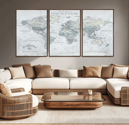 Custom Push Pin World Map Wall Canvas Print – Personalized Travel Tracker with Pins – Framed Custom Quotie Canvas for Home Office Decor