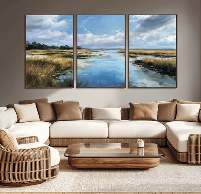 A beautiful, painterly landscape of a calm river winding through a marsh, with vibrant green grasses and a bright blue sky filled with fluffy clouds.