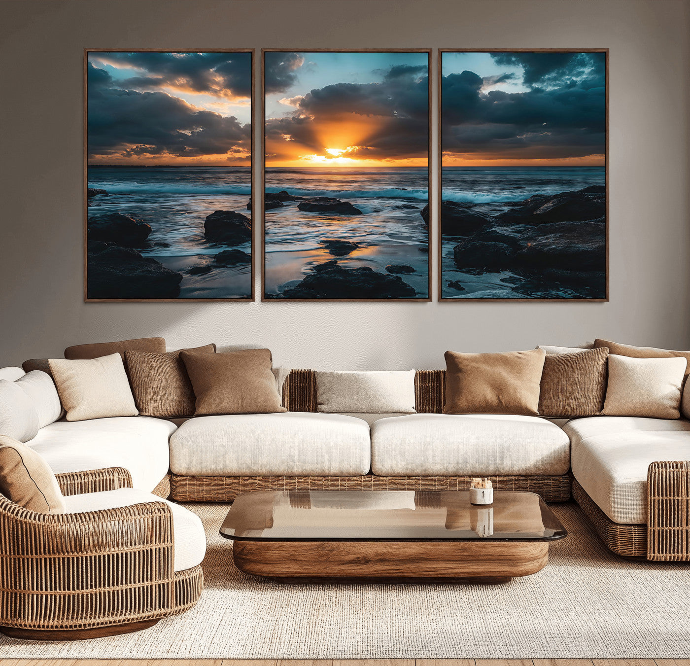 An awe-inspiring sunset over the ocean with rays of light piercing through dramatic clouds, creating a beautiful seascape with rocks in the foreground.