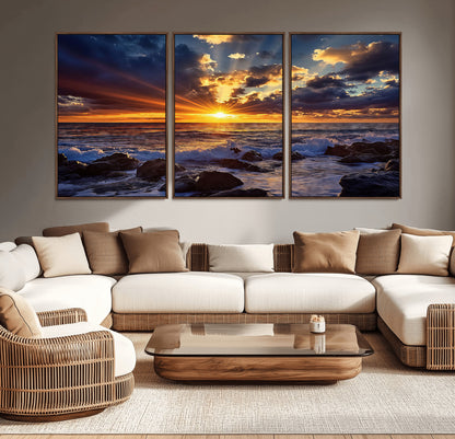 An explosive sunset over the ocean with dramatic clouds and rays of sunlight reflecting off the water, creating a vibrant and captivating view.