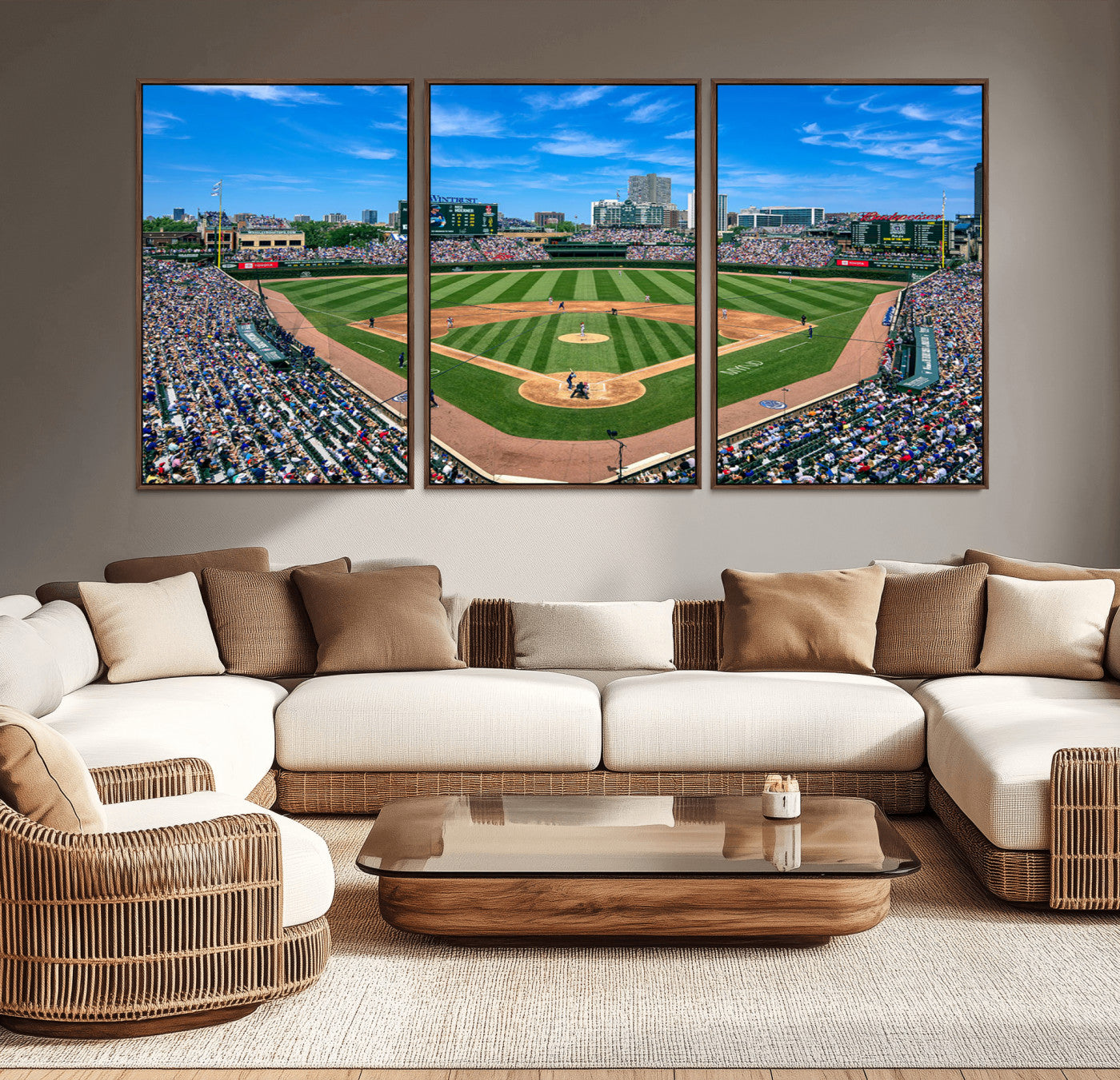 Wrigley Field Baseball Stadium Canvas Wall Art, Packed Crowd Sports Stadium Print, City Skyline Baseball Field Canvas for Game Room Decor