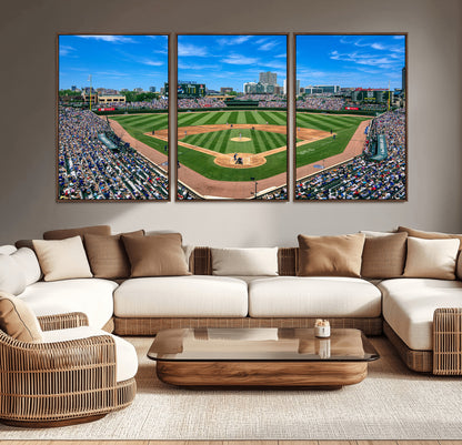 Wrigley Field Baseball Stadium Canvas Wall Art, Packed Crowd Sports Stadium Print, City Skyline Baseball Field Canvas for Game Room Decor