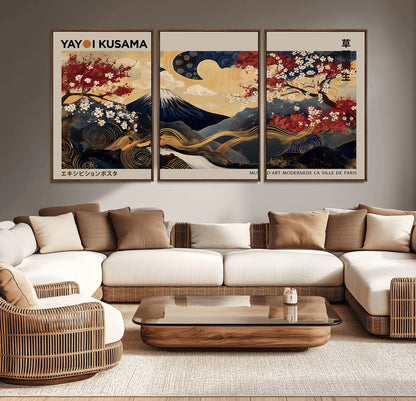 Yayoi Kusama's artwork featuring Mount Fuji, blooming cherry trees, and intricate swirls, blending traditional Japanese elements with vibrant color.