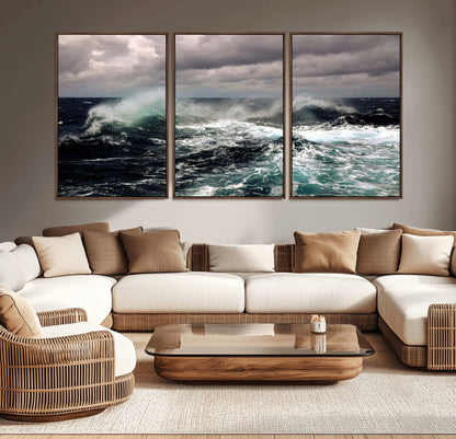 Powerful ocean waves crashing under stormy skies, creating a dynamic and intense seascape.