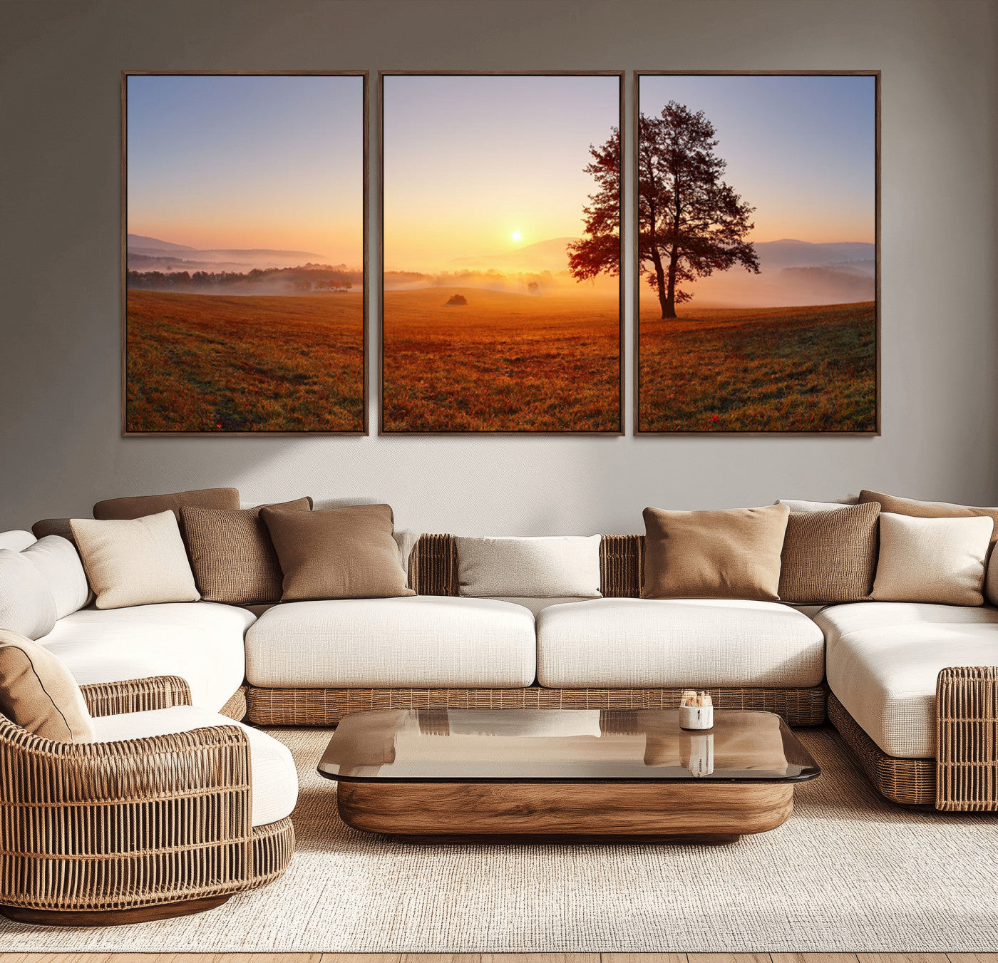A tranquil landscape at sunrise with a mist-covered field and a lone tree, creating a peaceful and natural atmosphere.