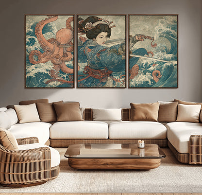 Tsukioka Yoshitoshi Samurai Wall Art Print, Japanese Katana Warrior Canvas Wall Art, Octopus Sea Monster Canvas Print,
