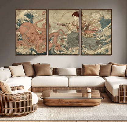 Tsukioka Yoshitoshi Samurai Wall Art Print, Japanese Katana Warrior Canvas Wall Art, Octopus Sea Monster Canvas Print,