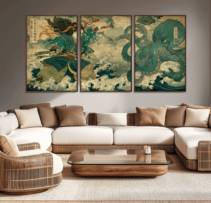 Tsukioka Yoshitoshi Samurai Wall Art Print, Japanese Katana Warrior Canvas Wall Art, Octopus Sea Monster Canvas Print,