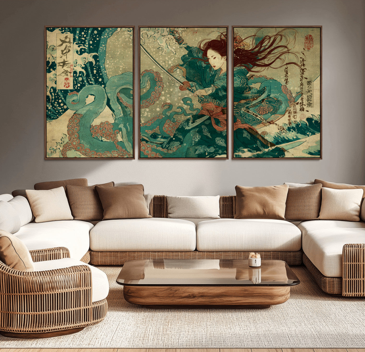 Tsukioka Yoshitoshi Samurai Wall Art Print, Japanese Katana Warrior Canvas Wall Art, Octopus Sea Monster Canvas Print,