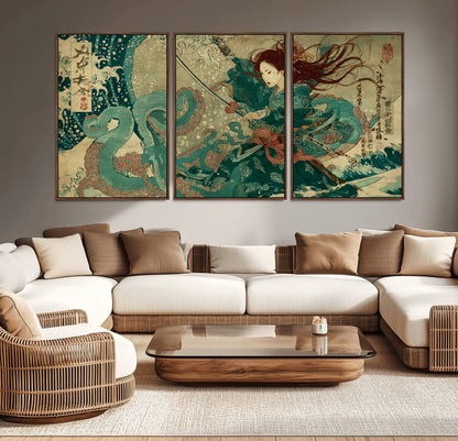 Tsukioka Yoshitoshi Samurai Wall Art Print, Japanese Katana Warrior Canvas Wall Art, Octopus Sea Monster Canvas Print,