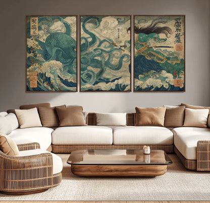 Tsukioka Yoshitoshi Samurai Wall Art Print, Japanese Katana Warrior Canvas Wall Art, Octopus Sea Monster Canvas Print,