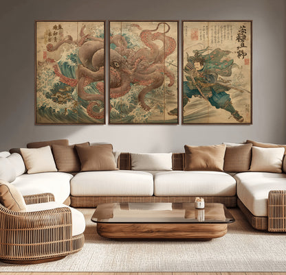Tsukioka Yoshitoshi Samurai Wall Art Print, Japanese Katana Warrior Canvas Wall Art, Octopus Sea Monster Canvas Print,