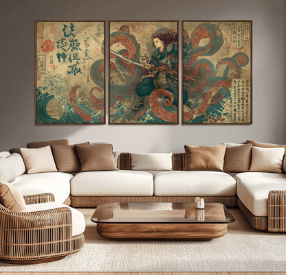 Tsukioka Yoshitoshi Samurai Wall Art Print, Japanese Katana Warrior Canvas Wall Art, Octopus Sea Monster Canvas Print,