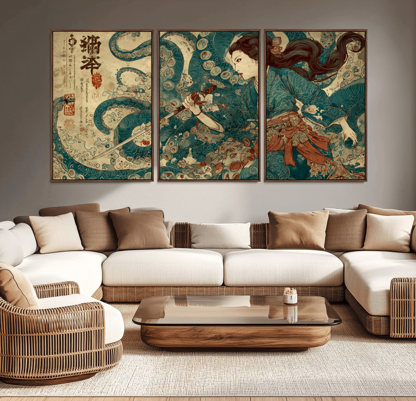 Tsukioka Yoshitoshi Samurai Wall Art Print, Japanese Katana Warrior Canvas Wall Art, Octopus Sea Monster Canvas Print,