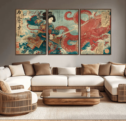 Tsukioka Yoshitoshi Samurai Wall Art Print, Japanese Katana Warrior Canvas Wall Art, Octopus Sea Monster Canvas Print,