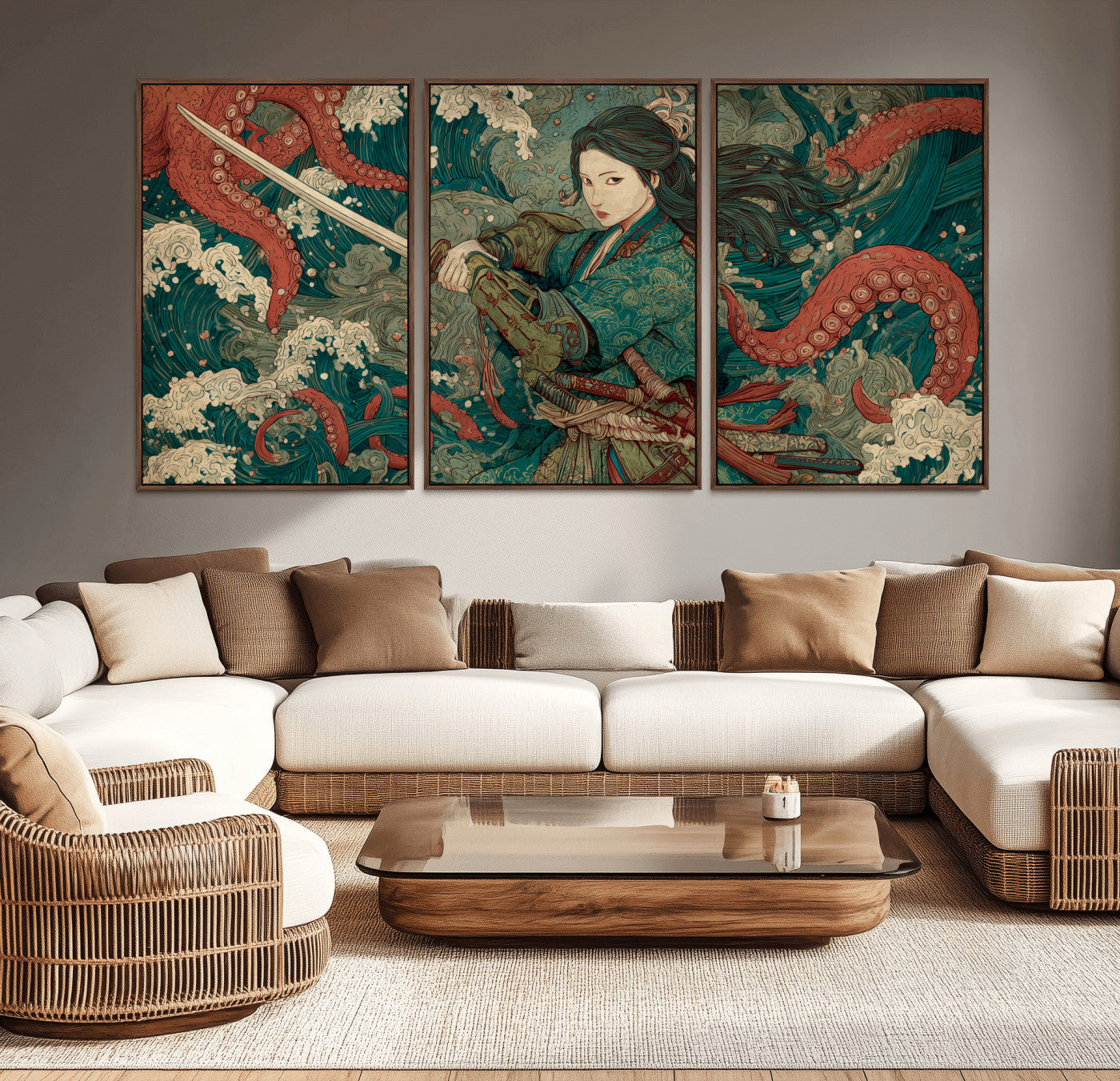Tsukioka Yoshitoshi Samurai Wall Art Print, Japanese Katana Warrior Canvas Wall Art, Octopus Sea Monster Canvas Print,