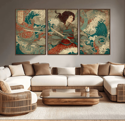 Tsukioka Yoshitoshi Samurai Wall Art Print, Japanese Katana Warrior Canvas Wall Art, Octopus Sea Monster Canvas Print,