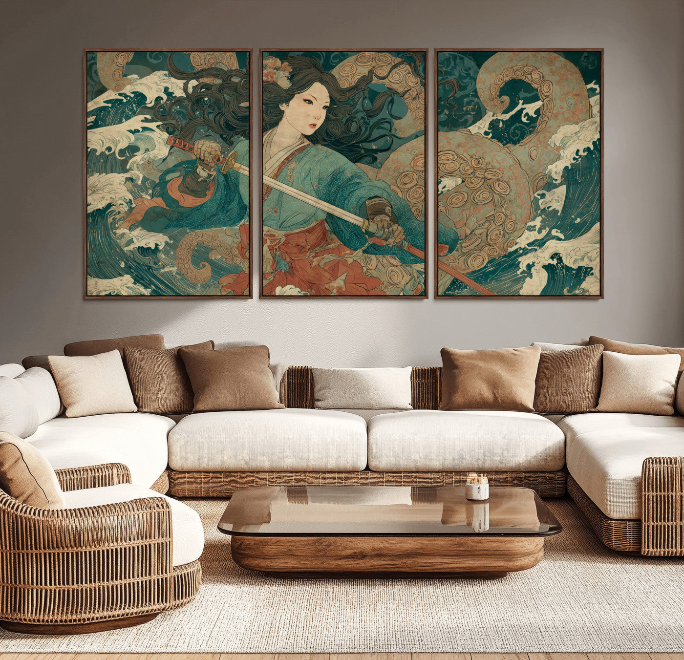 Tsukioka Yoshitoshi Samurai Wall Art Print, Japanese Katana Warrior Canvas Wall Art, Octopus Sea Monster Canvas Print,