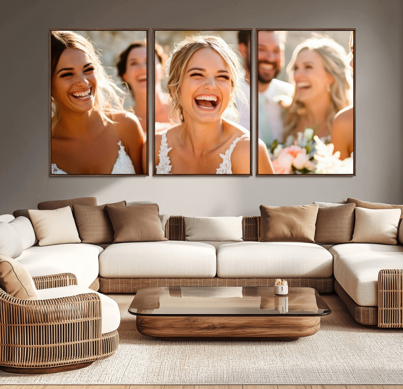 MGV-FC-60X30-3P - Joyful Wedding Wall Art – Laughing Bride and Bridesmaids Canvas Print, Romantic Celebration Photography Decor for Bedroom, Living Room, or Wedding Gift