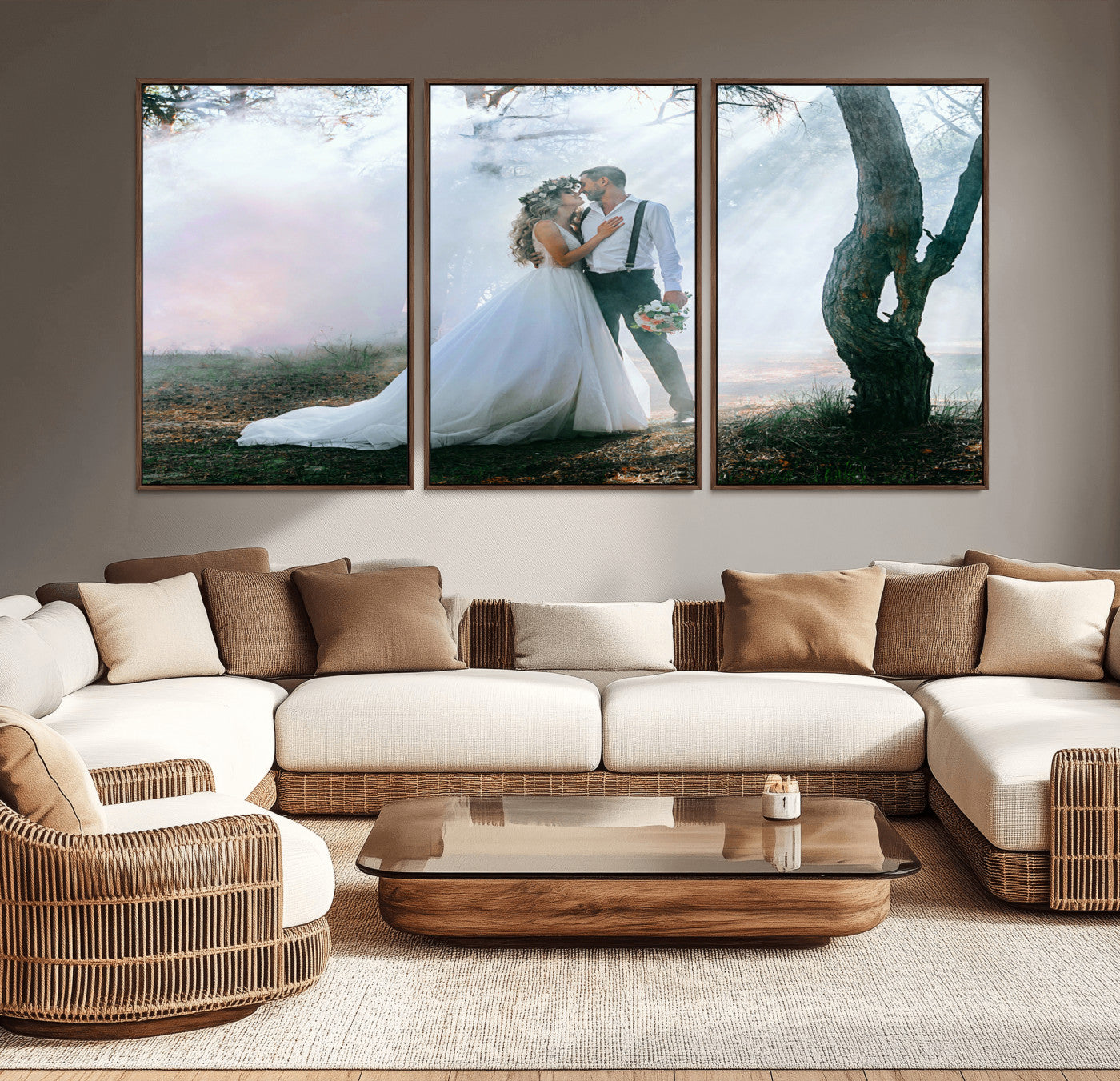 MGV-FC-60X30-3P - Forest Wedding Wall Art – Romantic Bride and Groom Canvas Print, Enchanted Woodland Photography Decor for Bedroom, Living Room, or Wedding Gift