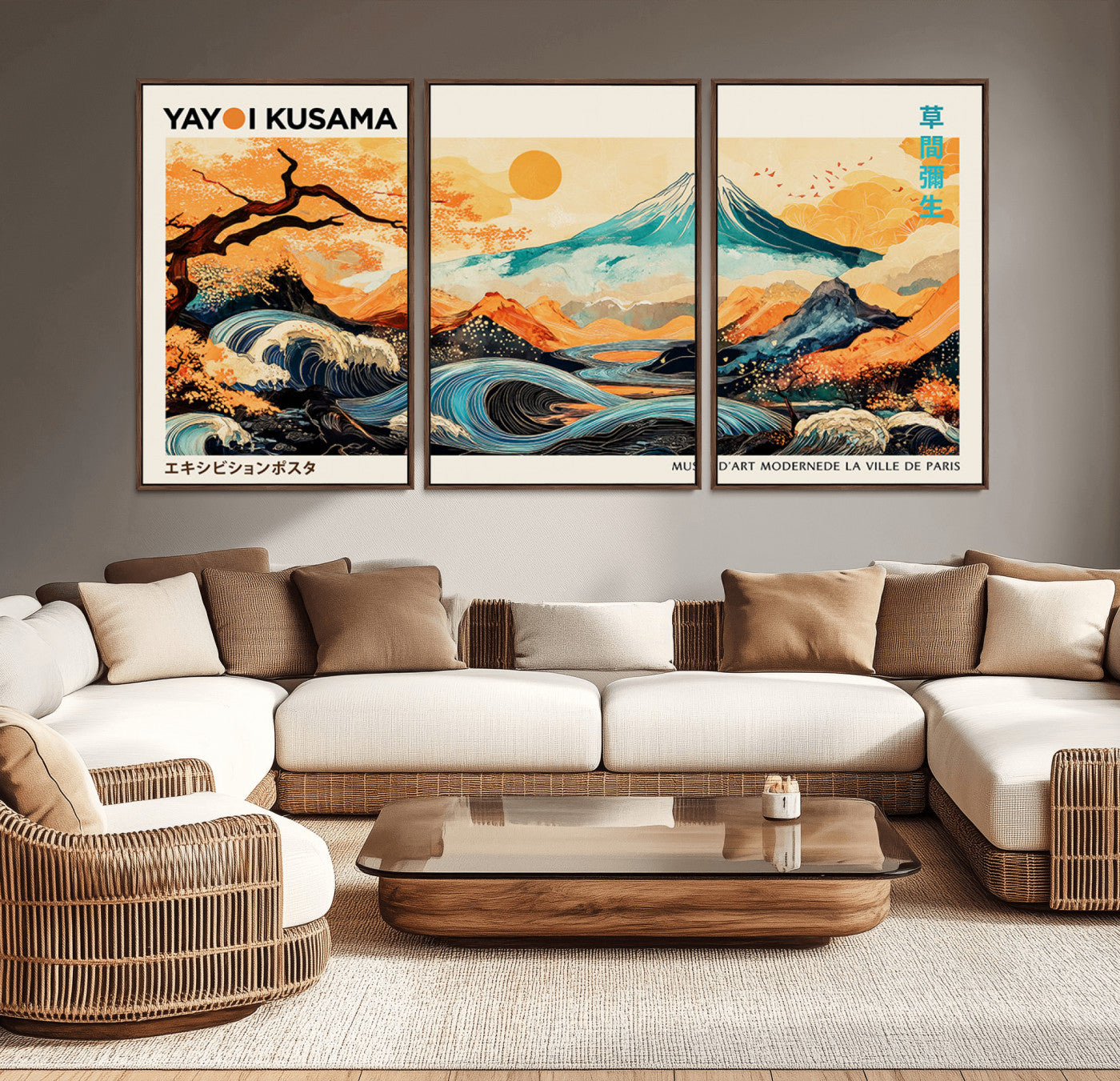 Modern Japanese-style art print featuring a stylized Mount Fuji, flowing waves, and vibrant landscapes in bold colors, inspired by traditional and contemporary aesthetics.