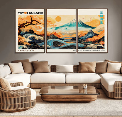 Modern Japanese-style art print featuring a stylized Mount Fuji, flowing waves, and vibrant landscapes in bold colors, inspired by traditional and contemporary aesthetics.