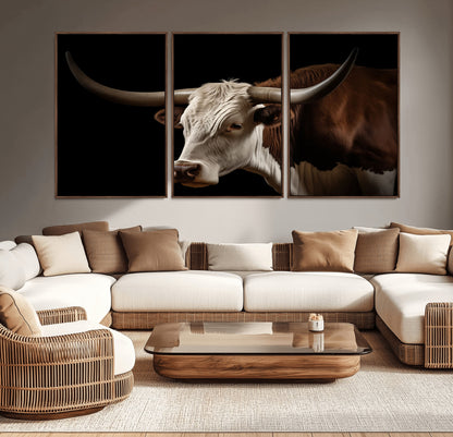 "Close-up of a brown and white longhorn cow with prominent curved horns against a black background."