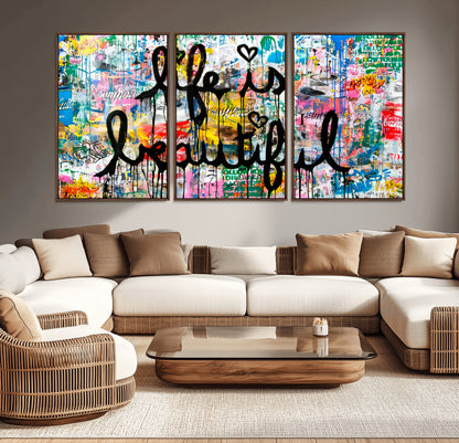 Colorful urban-style canvas with graffiti text “Life is Beautiful” in black paint, ideal for bold or street-themed home decor.