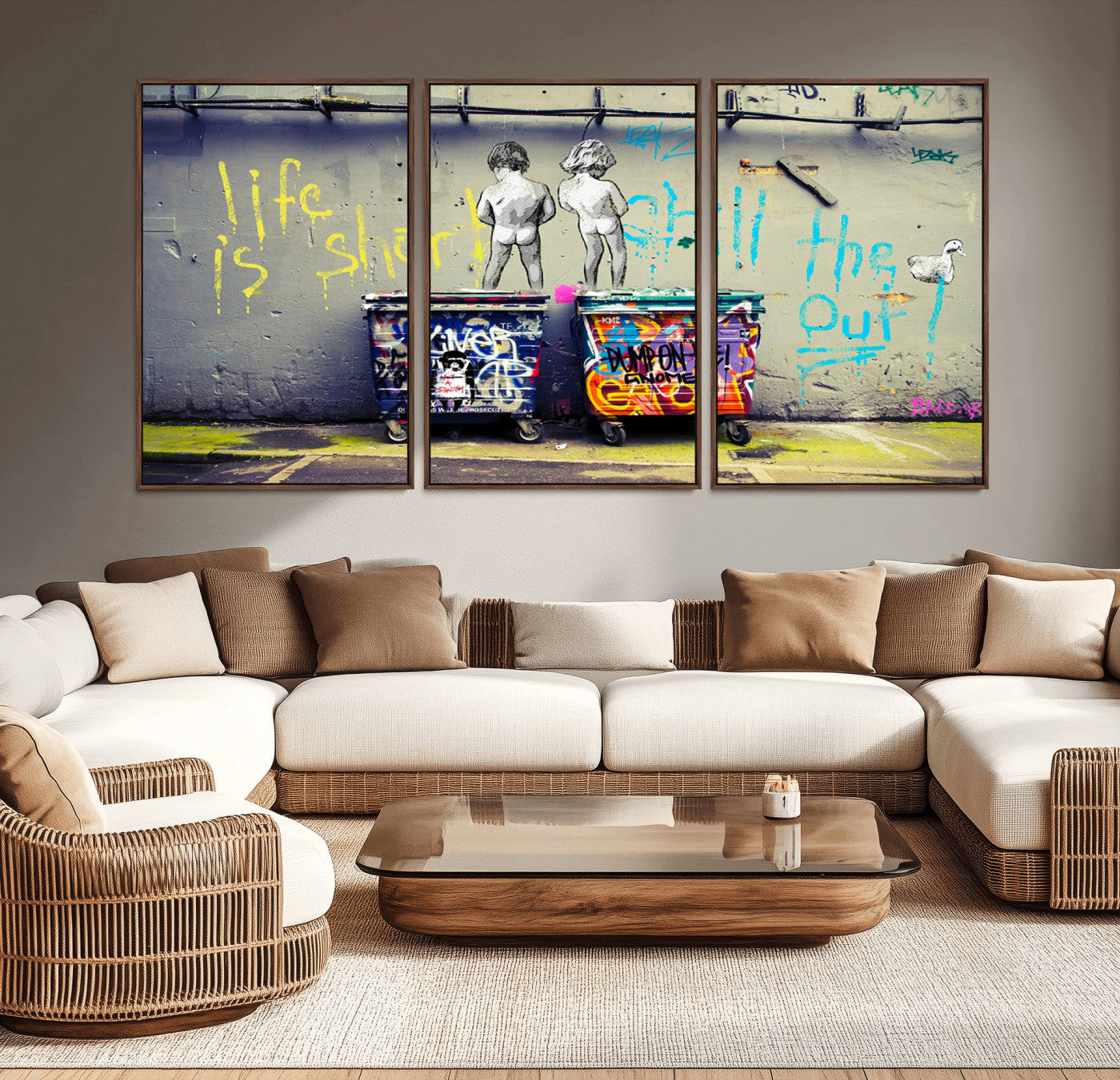 Graffiti-style canvas art with bold text and two naked figures over urban dumpsters, ideal for edgy or street-style decor.