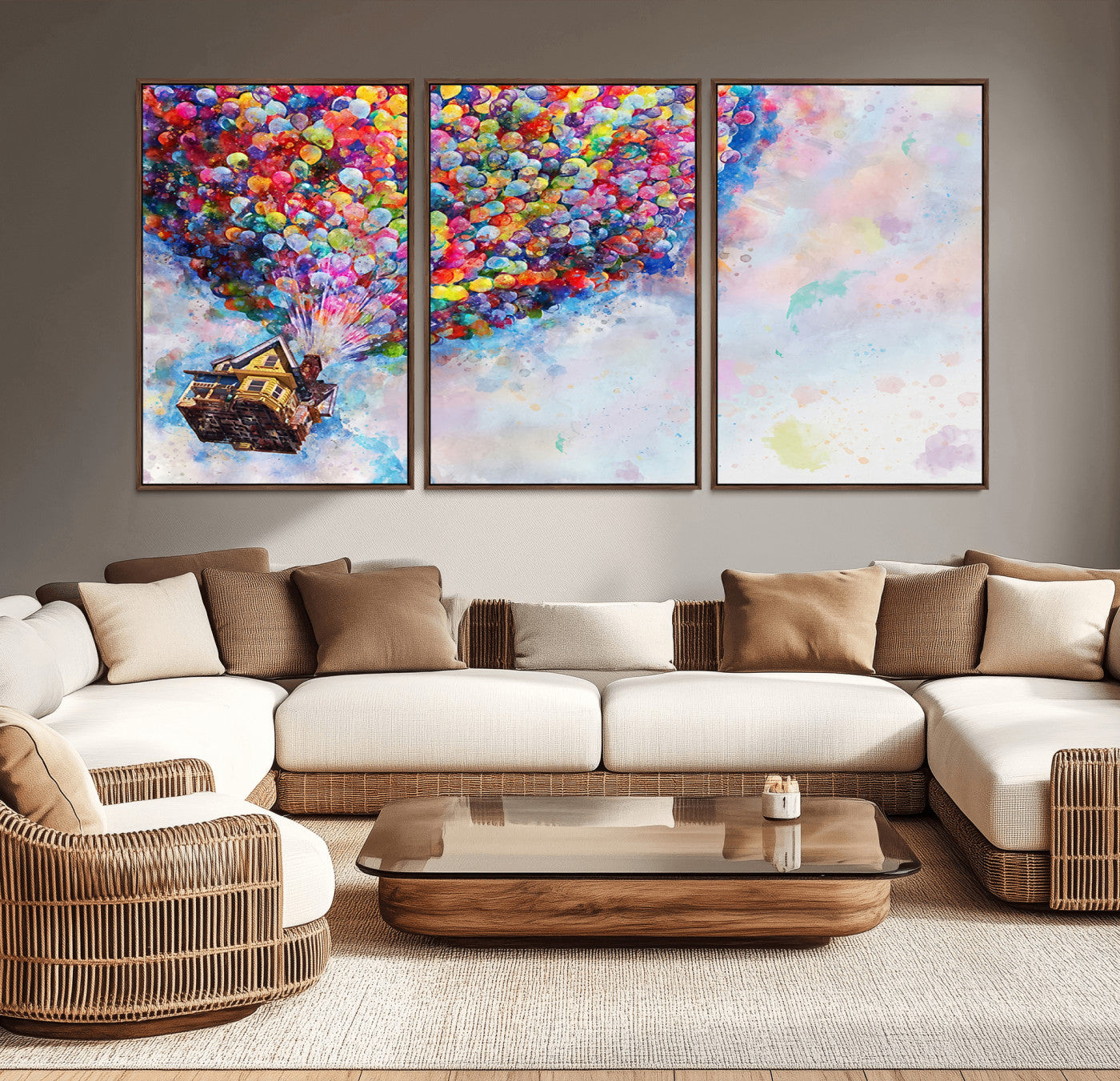 Whimsical canvas of the house from the movie Up flying with colorful balloons, ideal for Pixar or animation-themed decor.