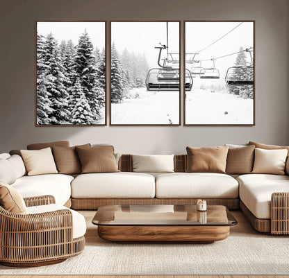 Black and white canvas of empty ski lifts over a snowy pine forest, perfect for minimal winter or ski lodge-inspired decor.