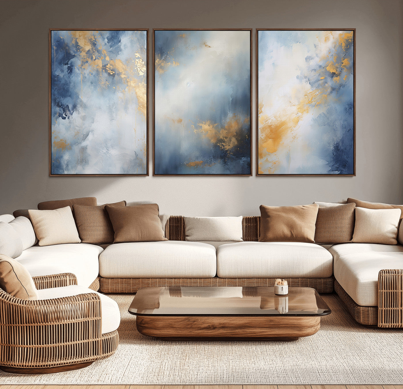 Abstract canvas art in soft blue and gold tones with textured brushstrokes, ideal for elegant or modern neutral decor spaces.
