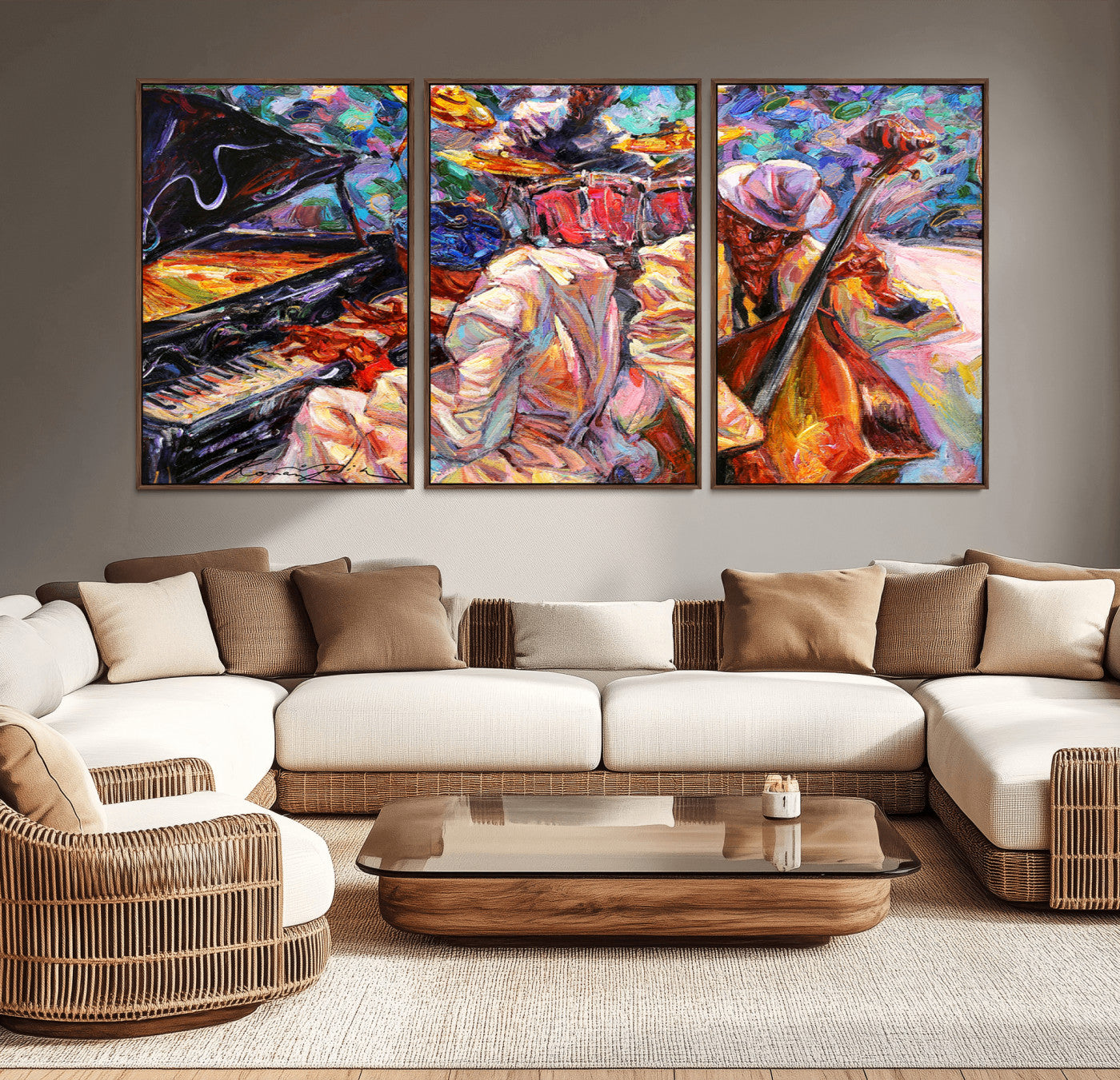 Vibrant oil painting of a jazz band with piano, saxophone, and bass, ideal for colorful and expressive music-themed home decor.