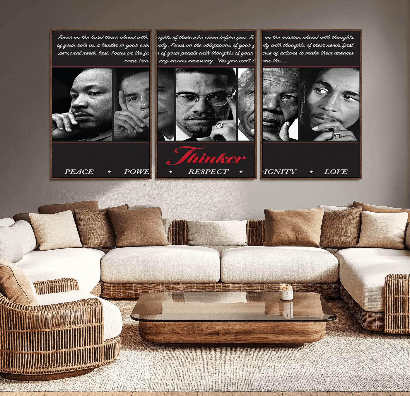 Monochrome canvas of iconic Black leaders with a powerful quote, perfect for modern spaces with a cultural or motivational theme.
